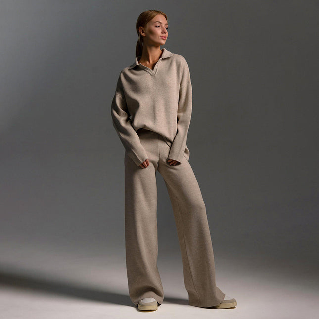 Women's Knitted Loungewear Set – Oversized Collared Sweater & Wide-Leg Elastic Waist Pants – Cozy Two-Piece Lounge Set