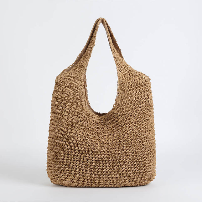 Large Bohemian Woven Straw Shopper Bag with Zipper – Sustainable Boho Beach Tote